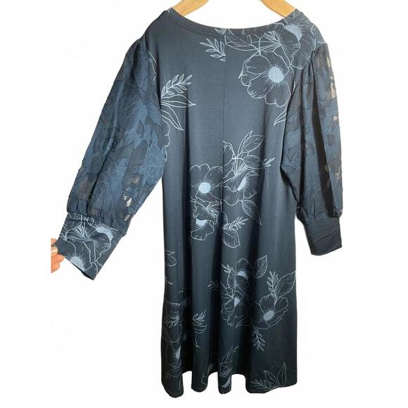 LuLaRoe Dress Women's Medium Blue Floral Long Puff Sleeve Winter Holiday New NWT - Picture 3 of 6